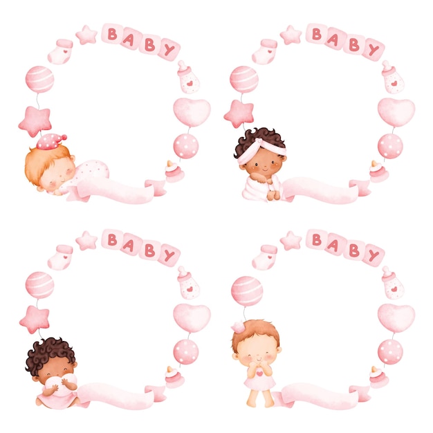 Set of baby girl frame template watercolor illustration