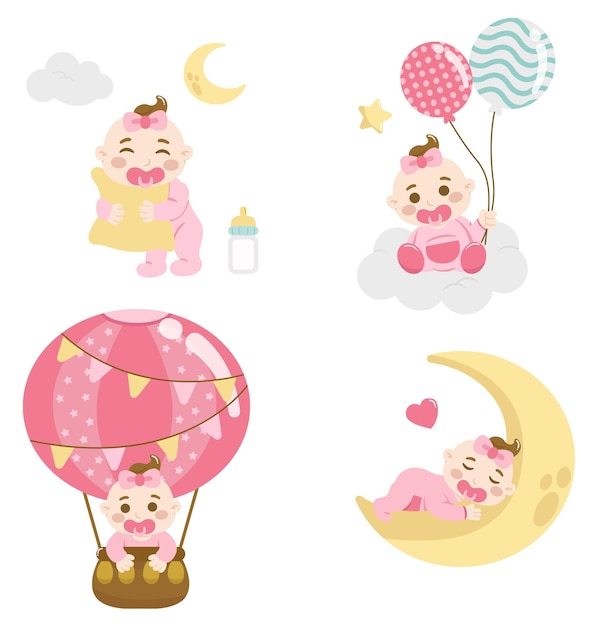 Set di pose da bambina, con mongolfiera e dormire su una luna, decorazione rosa