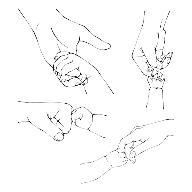 Insieme della mano del bambino e dell'illustrazione della mano del genitore