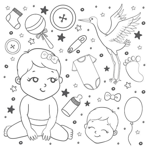 Set of baby icons in doodle stile. Could be used for cards, banners, patterns, wrapping paper, web