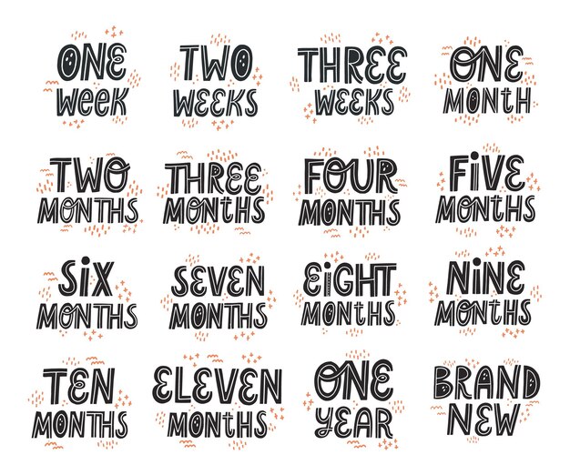 Vector set of baby milestone cards. hand drawn vector lettering. newborn textile and stickers design.