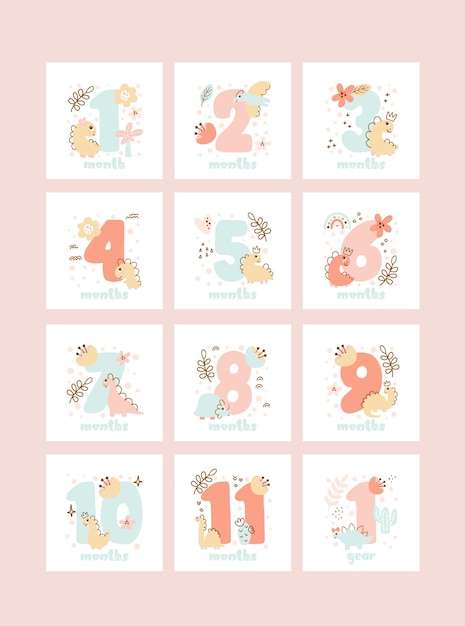 Vector set of baby milestone cards for newborn girl from one month to one year baby shower print with cute animal dino