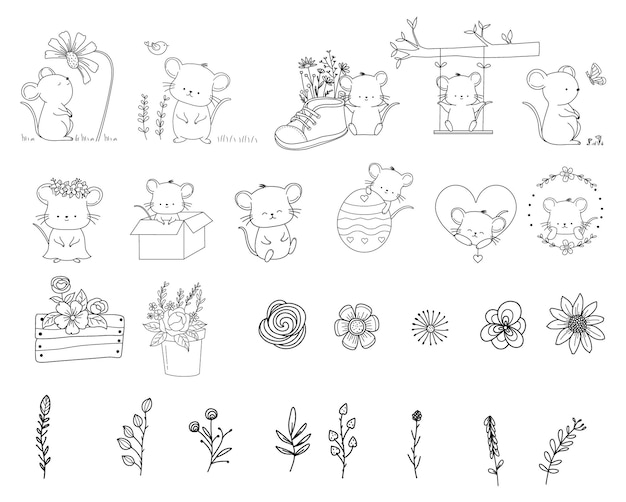 Vector set baby mouse animal cartoon with flower hand drawndoodleline art style cute cartoon funny