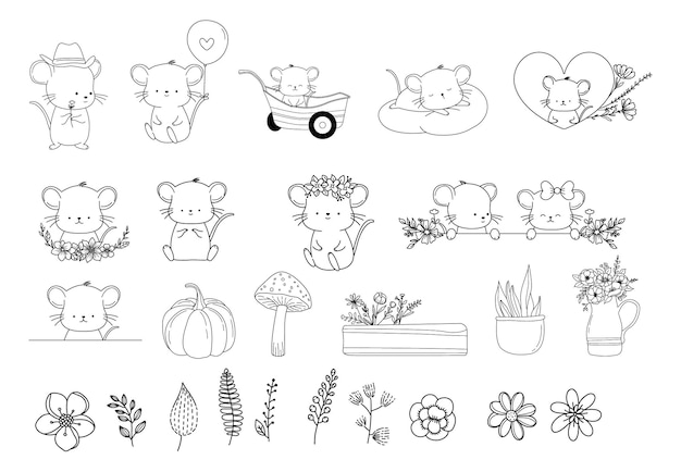 Vettore impostare baby mouse animale cartone animato con fiori disegnati a manodoodleline art style simpatico cartone animato divertente