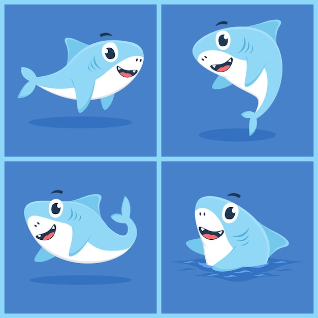 Set of baby shark character cartoon illustration flat design concept