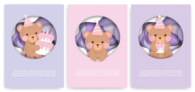 귀여운 곰과 케이크와 함께 베이비 샤워 카드와 생일 카드의 집합입니다.