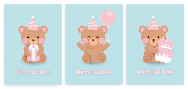 Vettore set di carte dell'acquazzone di bambino e biglietti d'auguri con l'orso e la torta svegli.