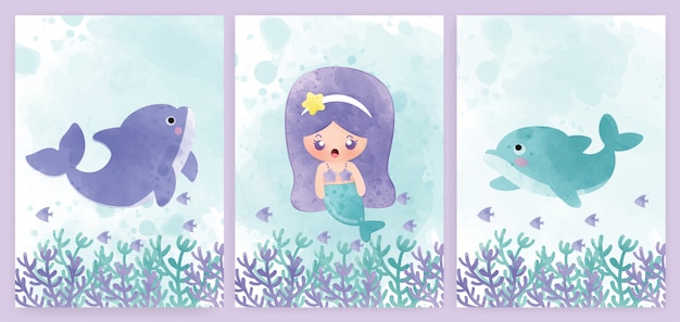 Vector set of baby shower cards and birthday cards with mermaid and dolphins .water color style.