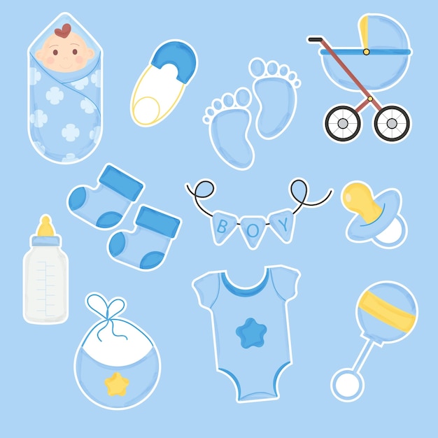 Set of baby shower stickers for a boy Vector illustration