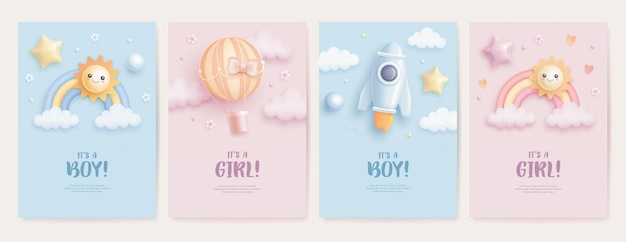 Set baby shower uitnodiging met cartoon regenboog zon raket en hete luchtballon op blauw en roze
