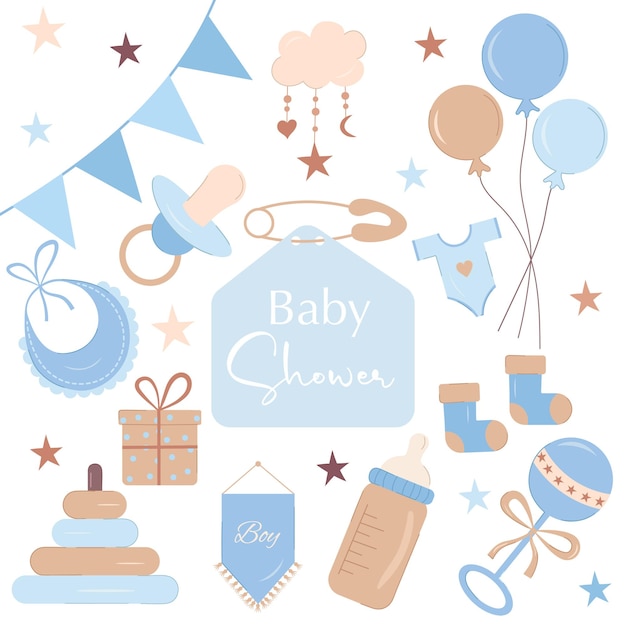 Vettore set di baby shower con icone piatte è un'illustrazione vettoriale