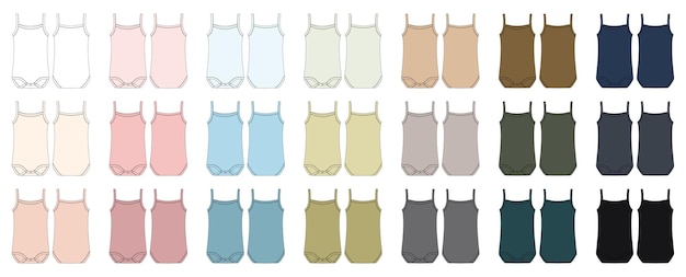 Vector set of baby sleeveless tank top body technical sketch. children bodysuit collection. infant underwear outline.