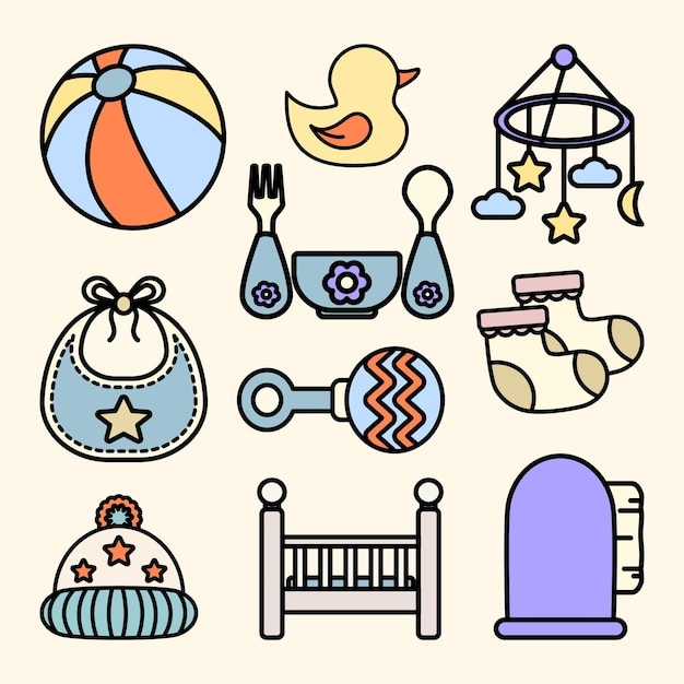 Set of Baby Stuff Cute Flat Line Illustration