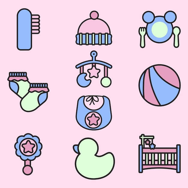 Vector set of baby stuff cute flat line illustration