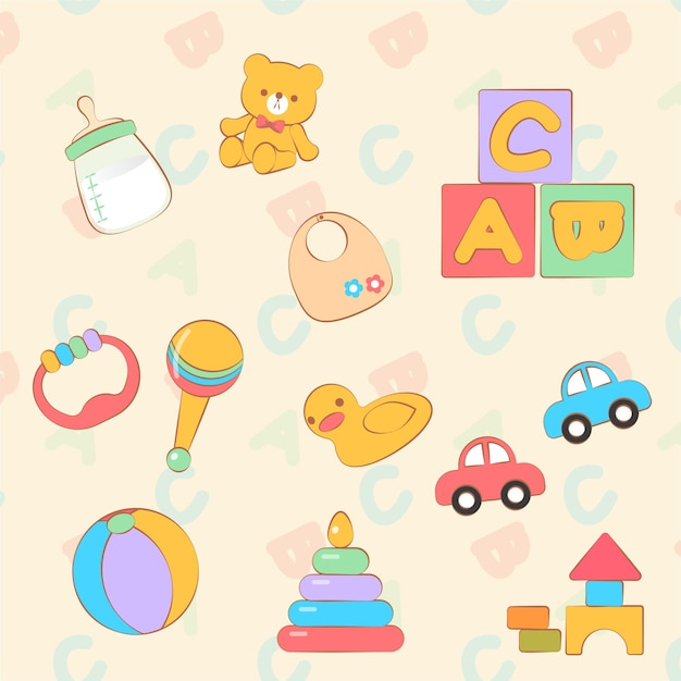 A set of baby stuff with cars, blocks, balls, dolls and more