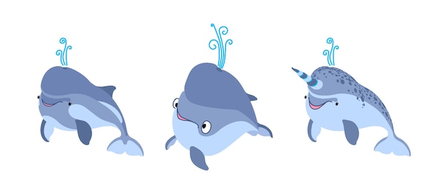 A set of baby whales cute cachalot dolphin and narwhal color vector illustration