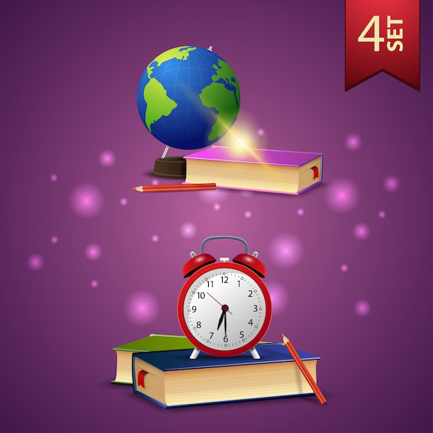 Vector set of back to school 3d icons, globe, school textbooks, school books and alarm clock