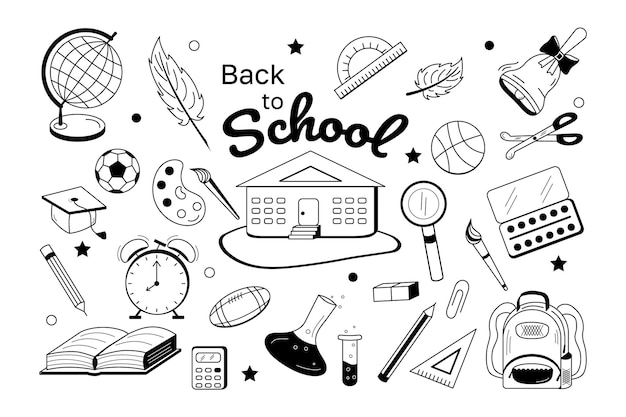 Set Back to school black and white Vector illustration Icons theme study globe pen sheet school ball bell alarm clock pencil brush flask briefcase magnifier paints scissors book calculator
