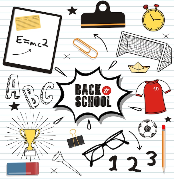 Vector set back to school doodles on paper background