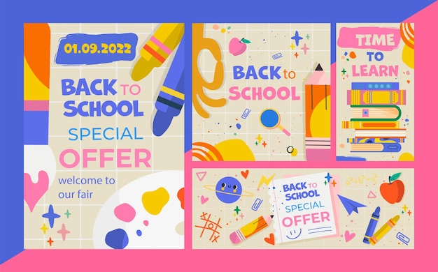 Vettore set back to school in formati come banner a4 quadrato e storie