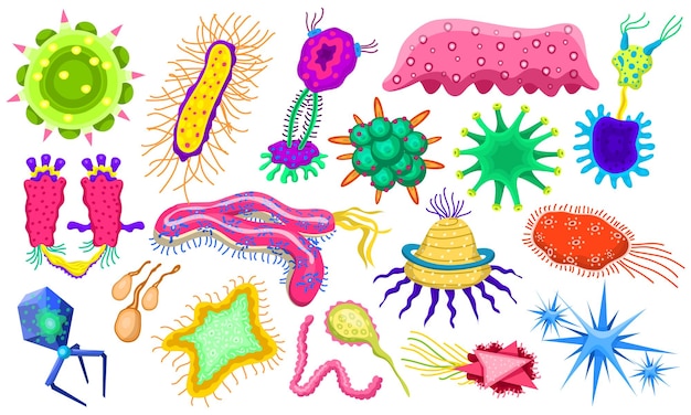 Vettore set di batteri cartoon cute germe virus infezione divertente divertenti cattive emozioni micro microbo colore mostro patogeno o parassita