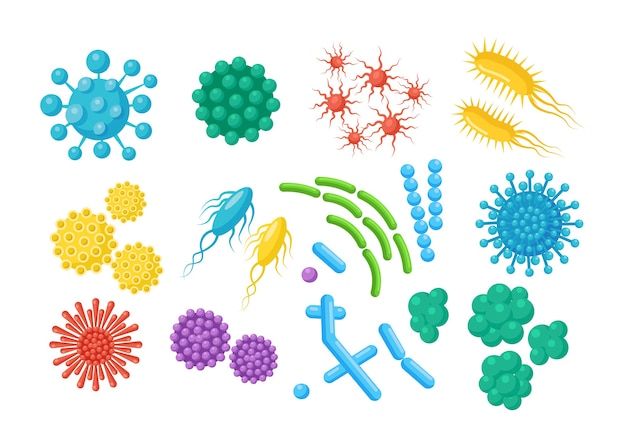 Set of bacteria, microbes, virus, germs. Disease-causing object. Bacterial microorganisms