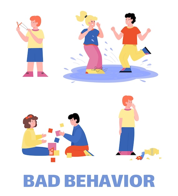 Set of bad kids behavior banner flat cartoon vector illustration isolated