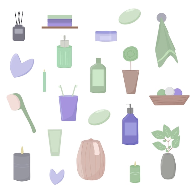 Set badkamer elementen. Reinigingsproducten. Handdoeken, planten, zeep, kaarsen. vector set