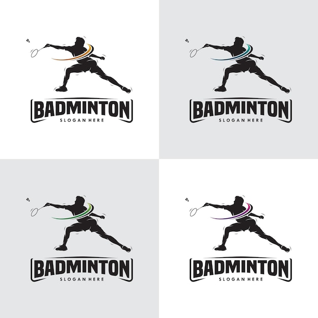 Set di design del logo della siluetta del giocatore di badminton