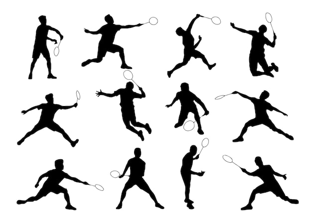 Vector set of badminton players silhouettes isolated on white background