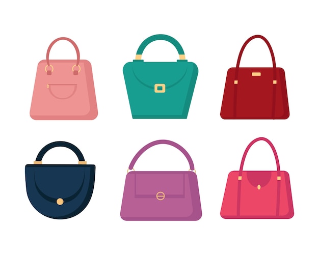 Set of bags of different colors on white background