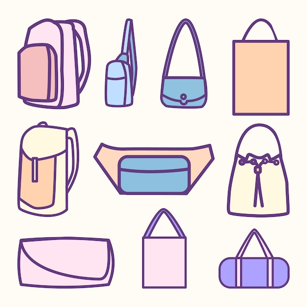 Set of Bags Type Cute Flat Line Illustration