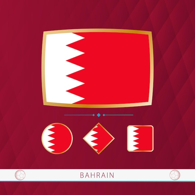 Vector set of bahrain flags with gold frame for use at sporting events on a burgundy abstract background