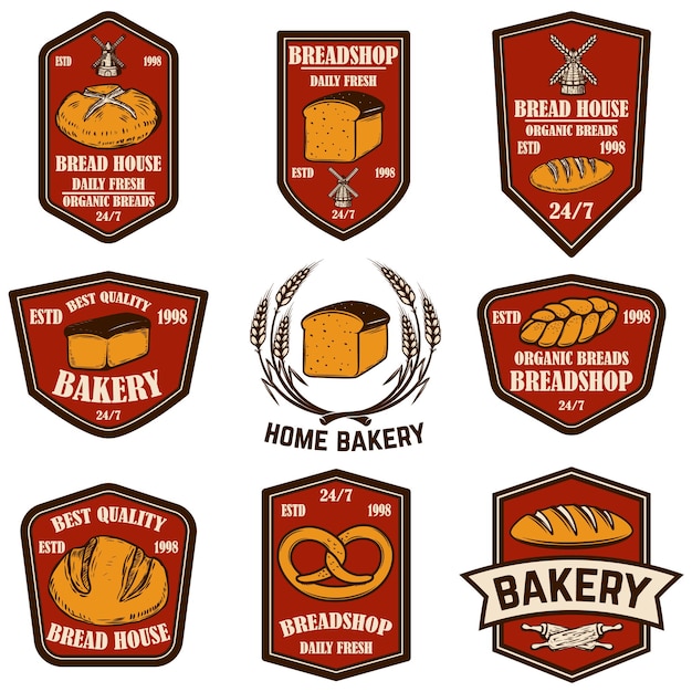 Set di panetteria, emblemi del negozio di pane. elemento di design per poster, logo, etichetta, segno.