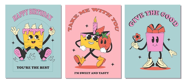 Set of bakery flyers with cartoon comic cake Retro groovy poster of character sweet