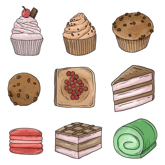 set of bakery food hand drawn illustration