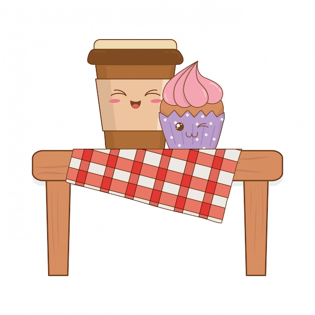 Set of bakery food kawaii in picnic table