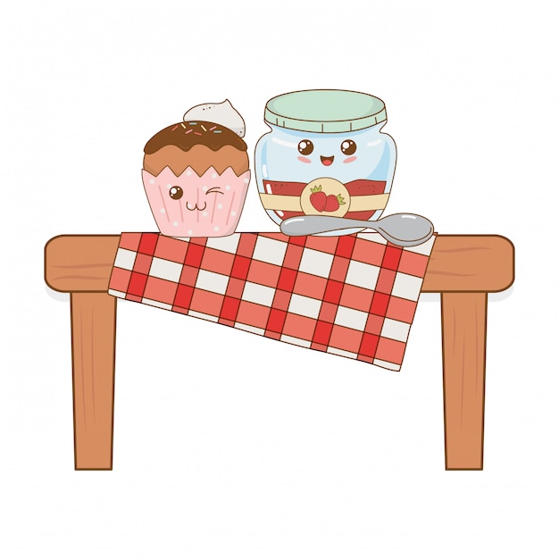 Set of bakery food kawaii in picnic table