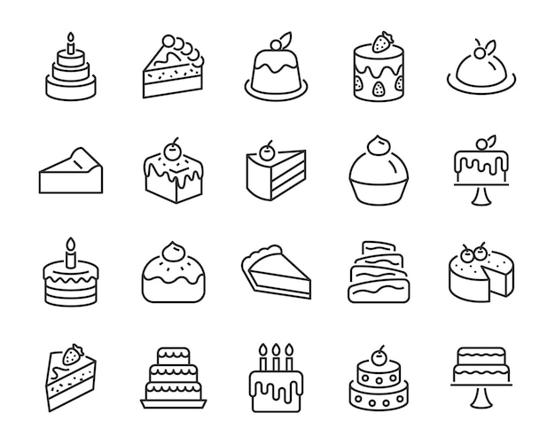 Vector set of bakery icons, such as cake, piece of cake, cheese cake, chocolate cake, wedding cake