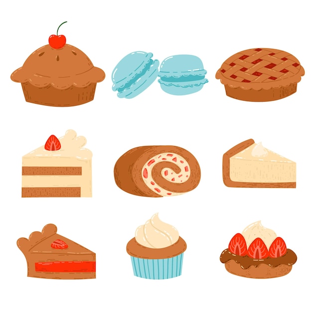 빵집과 과자 디저트 세트입니다. 케이크, 파이, 컵케익, 머핀, 치즈케이크, 롤
