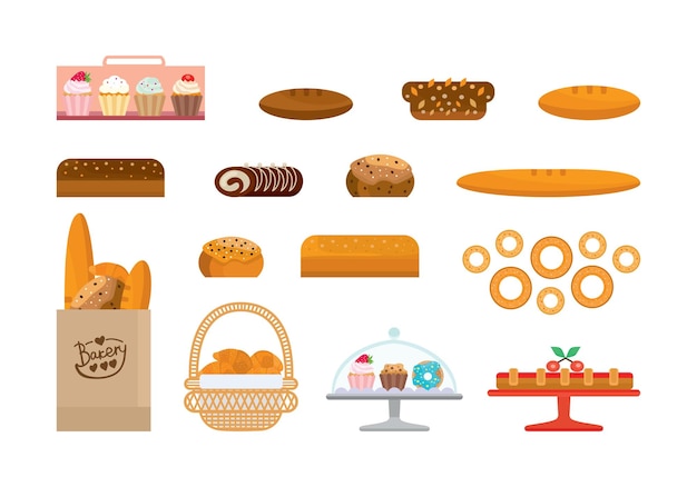 Vector set of bakery products and elite bread sweets bakery showcase