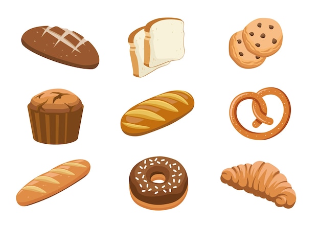 Set of bakery products flat vector illustrations. Bread, donut, croissant, muffin, cookies.