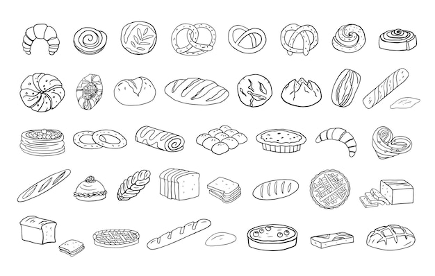 Vector set of bakery products roll bagel croissant bread white bread pretzel baguette hand drawn