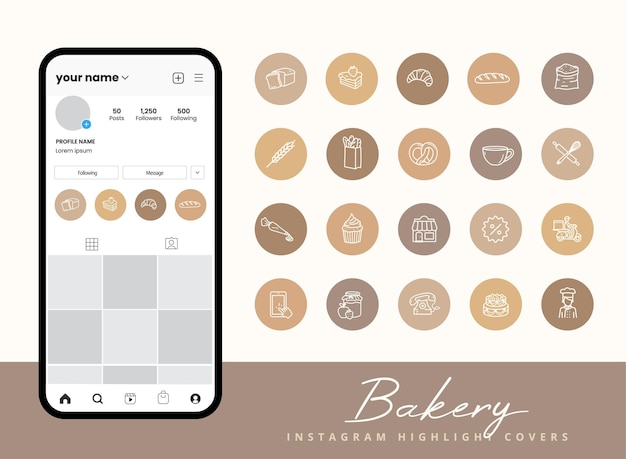 Vector set of bakery shop icons for instagram story highlight covers