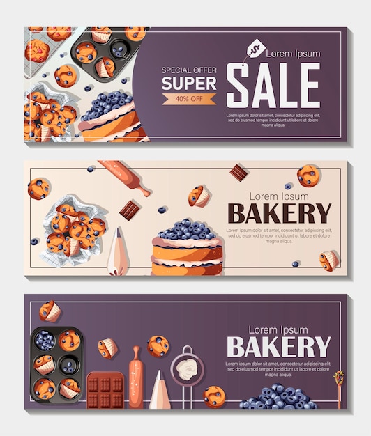 Set of Bakery templates flyers with copy-space and various pastry. Vector illustration.