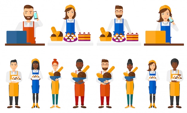 Vector set of bakery workers characters.