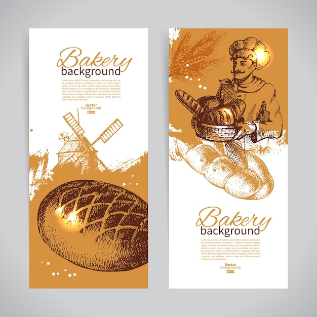 Set bakkerij schets banners. vintage handgetekende illustraties