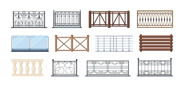 Vector set of balcony railing. vintage modern home balconied facade or door entrance into private territory, terrace fences. steel and wooden or glass and stone construction for fencing territory vector