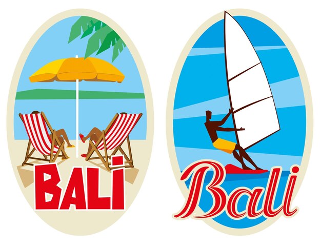 Set bali toeristische sticker ligbedden onder de parasol en windsurfen