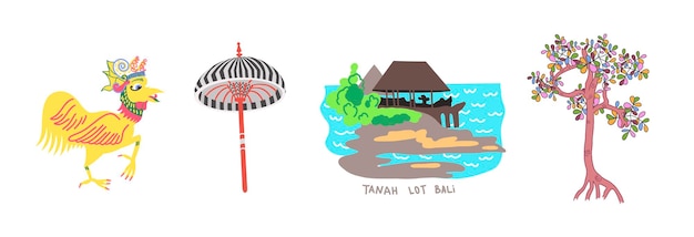 Set balinese symbolen haan rituele paraplu tempel en boom platte ontwerp vectorillustratie